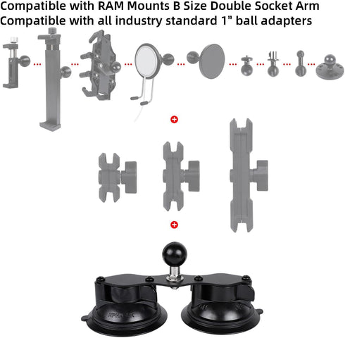 Double Suction Cup Car Base Mount with 1" Ball, Window Suction Cup Holder, Compatible with RAM Mounts B Size 1 Inch Ball Double Socket Arm...
