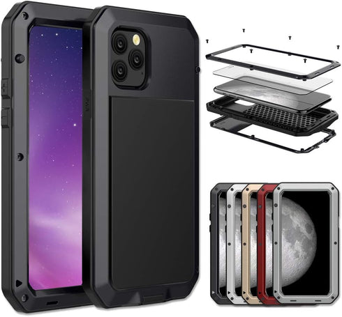 iPhone 11 Case, Aluminum Metal Case with Silicone Frame - Water Resistant Shockproof Heavy Duty Tempered Glass Screen Protector Dual Layer Protect...