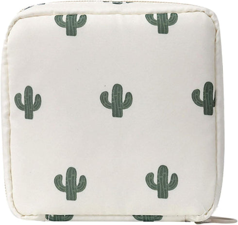White Sanitary Napkin Storage Bag with Colorful Print Design Portable Zipper Menstrual Pad Bag Sanitary Napkins for Women Ladies,Cactus Bag with A...
