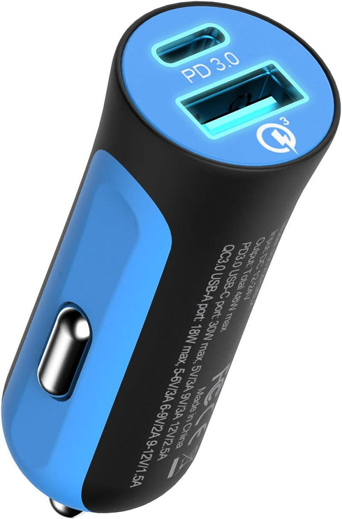 RapidX X2PD 30W USB-C PD Compact & Fast Dual Car Charger iPhone 14/13 / 12/11 / X / 8, Samsung Galaxy S22 S21 S20 S10 Note - Blue...