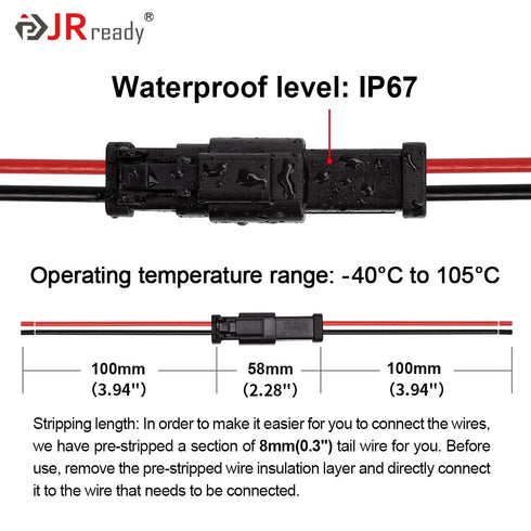 JRready Deutsch 2 pin Connector Kit dt Pigtail ST9019-3Sets 2 Wire Way Automotive Waterproof Wire Connectors with 12pcs Butt Connector, Deutsch Pi...