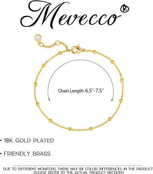 MEVECCO Gold Beaded Bracelets,18K Gold Plated Handmade Cute Satellite Diamond Cut Oval and Round Beads Rope Chain Dainty Bracelet for Women...