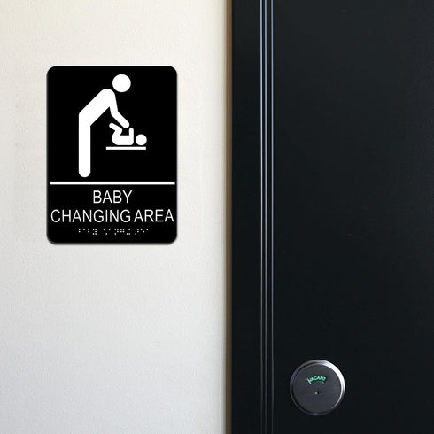 Baby Changing Area Sign for Business, ADA Compliant Braille Restroom Sign, 8.27 x 5.9 inch Diaper Changing Station Sign with Adhesive Back, Black ...