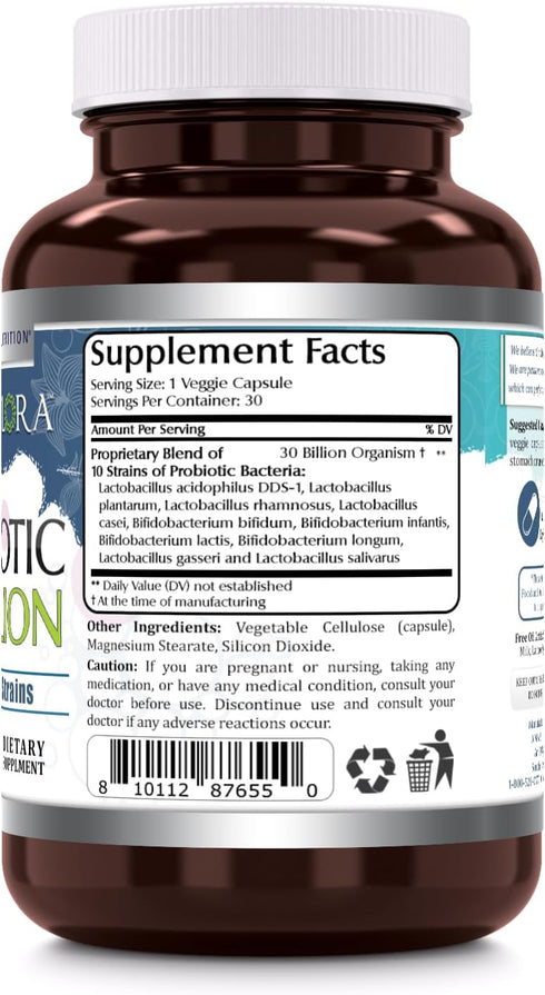 Amazing Flora Probiotic 10 Best Probiotics Strains | 30 Billion | Veggie Capsules Supplement | Non-GMO | Gluten Free | Made in USA (1 Pack, 30 Cou...