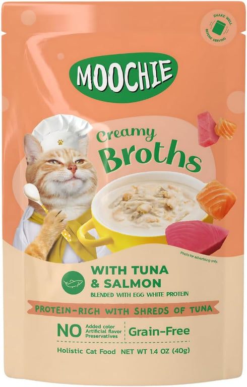 MOOCHIE Creamy Broth for Cats - Grain-Free - Made with Real Salmon & Tuna - No Artificial Flavors or Preservatives - 1.4 oz x 16 Pouches...