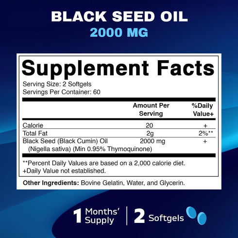 Vitamatic Black Seed Oil Capsules - 2000 mg per Serving - 120 Softgels - Colde Pressed - Contains Min 0.95% Thymoquinone - Supports Healthy Immune...