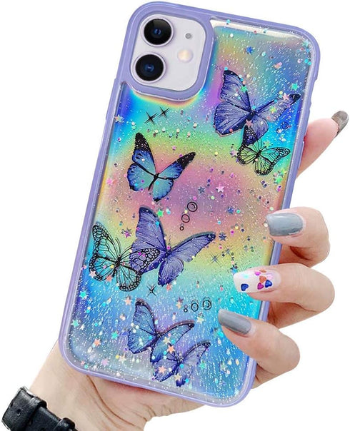LCHULLE Girly Case for iPhone 11 Case Cute Iridescent Butterfly Design Laser Bling Glitter Stars for Girls Women Soft TPU Bumper Drop Protection C...