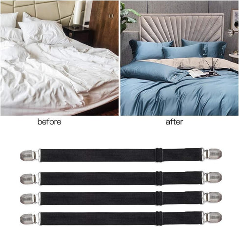 Adjustable Bed Sheet Clips, Sheet Fasteners Holder Straps and Suspender, Gripper, Extend From 21" to 80" Long Style Elastic Fasteners Bands Heavy ...