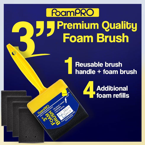 FoamPRO 73-4, 3" Foam Brush With 4 Refills - Premium Quality Paint Brush Set for All Paints, Urethanes, Varnishes, Stains - Effortless Application...