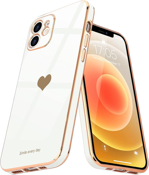 Teageo Compatible with iPhone 12 Case for Women Girl Cute Love-Heart Luxury Bling Plating Soft Back Cover Raised Full Camera Protection Bumper Sil...