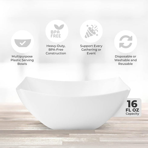 Posh Setting Square Plastic Serving Bowls, Small White Plastic Candy Bowls, 4 Pack Plastic Disposable Party Snack, Buffet, Chips, or Salad Bowl, H...