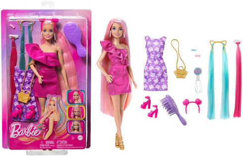 Barbie Doll with Extra-Long Blonde Rainbow Hair & Color-Block Polka Dot Dress, Plus 10 Hair & Fashion Accessories...