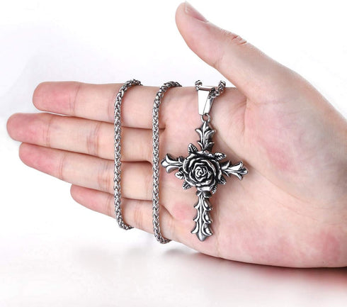 Rose Cross Pendant Necklace for Women Stainless Steel Link Chain Jewelry 21.65"...