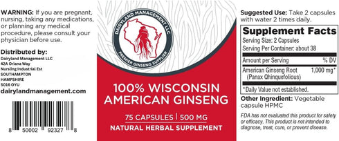 Dairyland American Ginseng Capsules, 75 ct (2000 mg) – Concentrated Wisconsin Ginseng Root Extract – Daily Herbal Supplement for Immune Support...