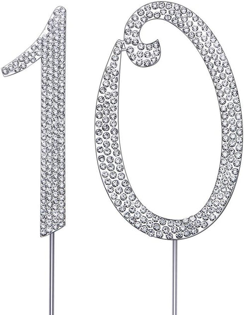 MAGJUCHE Silver 10" Crystal Cake Topper, Number 10 Rhinestones 10th Birthday Cake Topper, Boy or Girl Birthday or 10th Anniversary Party Decoratio...
