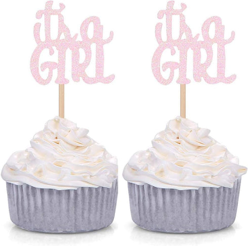 Pink Glitter It's a Girl Cupcake Toppers Gender Reveal Party Baby Shower Decorations Picks - Set of 24...