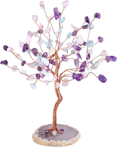 SUNYIK Handmade Amethyst/Rose Quartz/Aquamarine Crystal Money Tree Set on Natural Agate Slice Base, Tree of Life Healing Crystals Chip Stone Bonsa...
