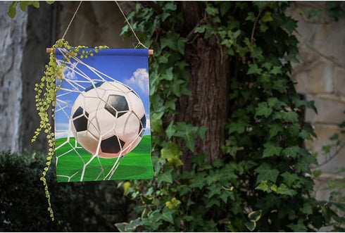 Moslion Soccer Garden Flag Vertical Double Sided Sports White and Black Football in Ball Net in Green Field Grass Blue Sky House Flags Home Burlap...