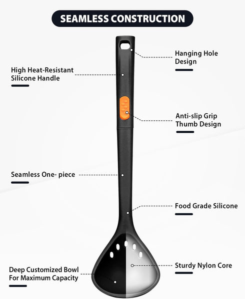 Silicone Pasta Fork and Ladle Spoon Set, Large Non Stick Kitchen Utensils for Cooking,Stirring,One Piece Serving Spaghetti, Soup, Sauce (BLACK)...
