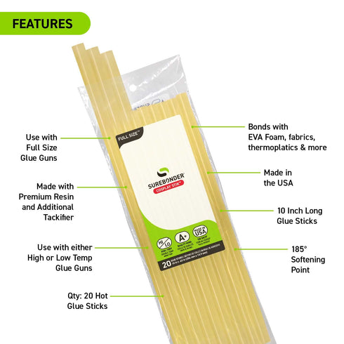 Surebonder Cosplay High-Temperature Hot Glue Sticks for Foam, Fabric, Leather, Wood, Metal, and Non-Porous Materials - Full Size 10" - 20 Pack (Am...