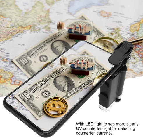 60-100X Clip-on Microscope with LED Light, Portable Magnifier Loupe Pocket Magnifying Lens Glass for Universal Mobile Phones, Mini Plus Pocket Mic...