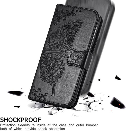 for iPhone 11 Wallet Case,Women Flip Folio Cover with Butterfly Embossed PU Leather Stand Card Holder Slots Magnetic Detachable Wrist Strap for iP...