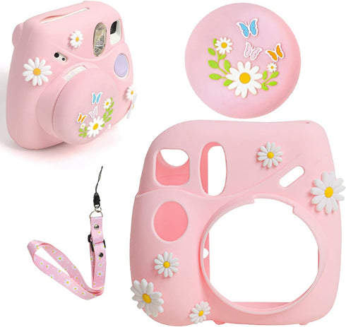 Silicone Case Lens Cap Set for Fujifilm Instax Mini 7+ 7 Plus Instant Camera Skin Accessories, Protective Carrying Case Cover with Adjustable Shou...