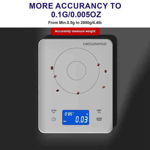 MEGAWISE High Precision Coffee Scale with Timer, Battery Power Supply, Waterproof Tempered Glass, 5 Weighing Modes, Professional Coffee Brewing Ti...