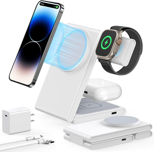 3 in 1 Foldable Magnetic Wireless Charging Station with PD 20W USB-C Adapter, Compatible with MagSafe, Magnetic Charger Stand for iPhone 15/14/13/...