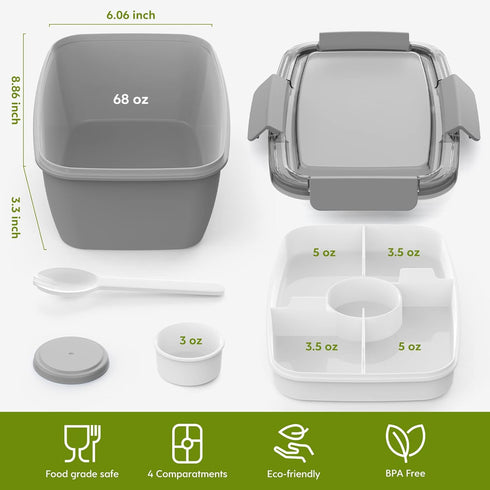 Cherrysea Salad Lunch Container, 68oz Salad Bowls with 4 Compartments Tray,Leak Proof Lunch Box with Fork for Men,Women BPA-Free Snack Container w...