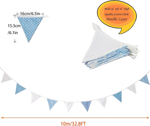 32Ft Blue White Plaid Dot Fabric Bunting Banner Triangle Flags Cotton Garland Pennant for Birthday Wedding Baby Shower Engagement Tea Party Classr...