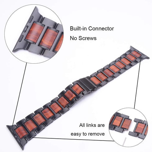 Wolait Compatible with Apple Watch Band ultra 2 49mm 46mm 45mm 44mm 42mm, Natural Wood Red Sandalwood with Stainless Steel Metal Link band for iWa...