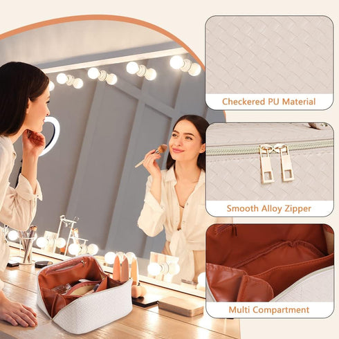 Cessfle Large Capacity Travel Cosmetic Bag, Boho White Makeup Bag Waterproof Leather Travel Toiletry Bag Woven Open Flat Makeup Organizer Bag Quil...