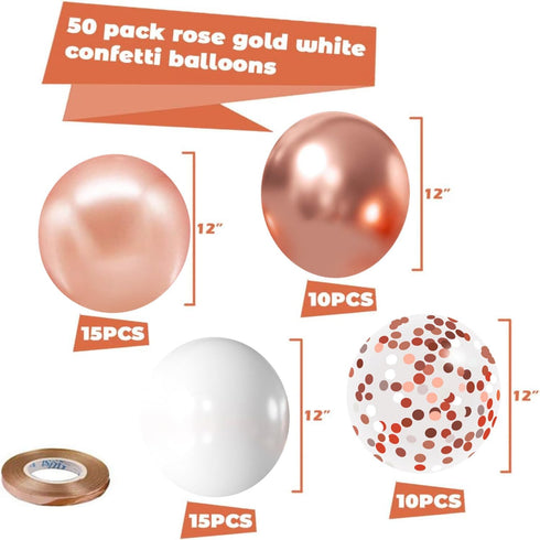 Zesliwy Rose Gold Confetti Balloons, 50 Pack 12 inch White and Rose Gold Latex Balloons with 33 Feet Rose Gold Ribbon for Birthday Party Wedding G...