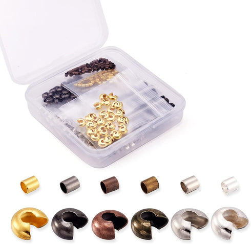 Pandahall 6 Color Column 2x2mm Tiny Brass Tube Crimp Beads and 4x3mm Brass Crimp Knot Covers for Jewelry Making (540pcs/box)...