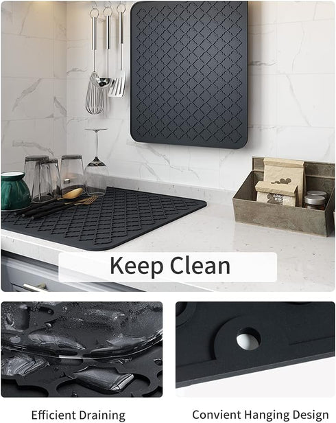 AMOAMI-Dish Drying Mat - Silicone Drying Pad - Heat Resistant - Kitchen Gadget - Black (12" x 16)...