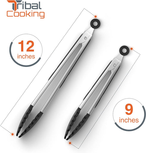 Tribal Cooking Kitchen Tongs with Silicone Tips - Stainless Steel tongs for cooking - 9" and 12" Tongs With Silicone Rubber Grips, Small and Large...