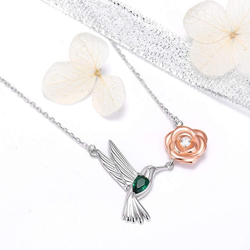 Sterling Silver Hummingbird Necklaces for Women - Gold Plated Bird Flower Pendant Embellished With Shining Zirconia Jewelry Mother's day Gifts For...