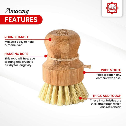 Dish Scrub Brush Bamboo - S&C Kitchen, Cleans Pan/Vegetable/Dishes/Wok, Bamboo Scrub Brush for Kitchen/Bathroom, Made Out of Palm & Sisal Bristles...