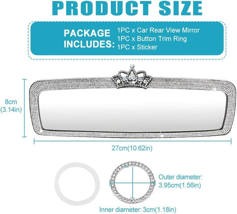 Bling Rhinestone Rear View Mirror Cover, Car Rear View Mirror with Crystal Diamonds Bling Rhinestones Car Rear View Mirror Car Interior Trim(White...