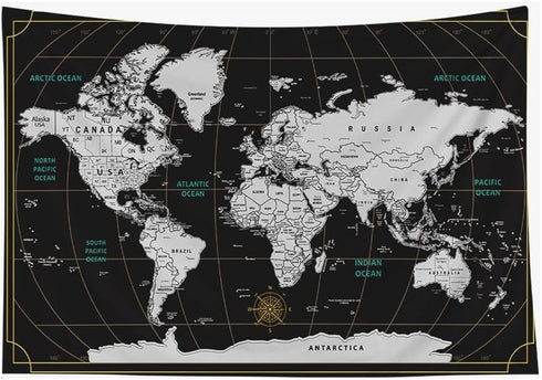 CAPSCEOLL World Map Tapestry Wall Hanging Black White Large Map Tapestry Home Décor for Bedroom 92.5X70.9 Inch...