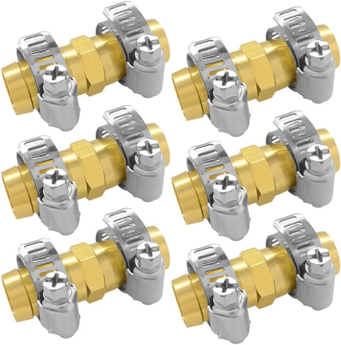 Hooshing 6PCS Hose Repair Kit 5/8 Inch Brass Garden Hose Mender Barb Connector with Stainless Clamps for Water Hose Extending Repairing...