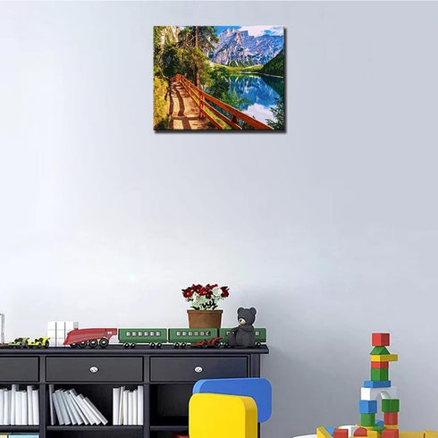 Braies Lake Painting National Park Mountain Paint by Number Kits 16 x 20 inch Canvas DIY Green Leaves Froest Painting for Kids Adults Beginner wit...
