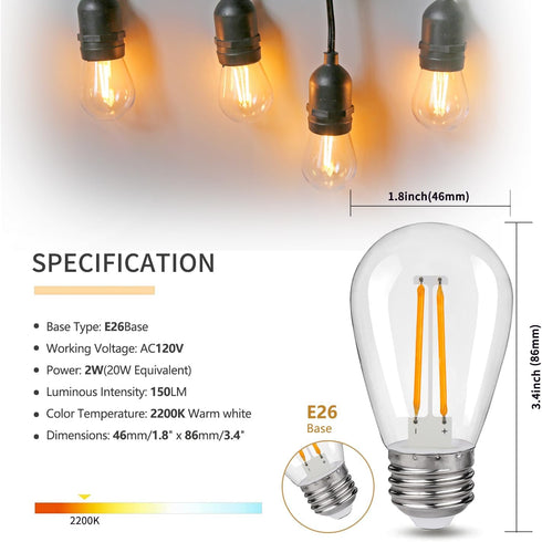S14 Replacement LED Light Bulbs, Shatterproof & Waterproof 2W S14 LED Bulbs, Outdoor String Lights , E26 Base Patio Edison LED Light Bulbs, Warm W...