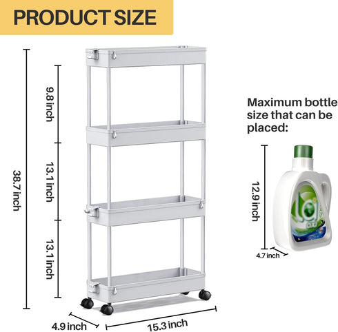 SPACEKEEPER Slim Rolling Storage Cart 4 Tier Bathroom Organizer Mobile Shelving Unit Storage Rolling Utility Cart Tower Rack for Kitchen Bathroom ...