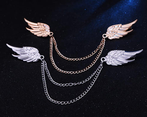 Angel Wings Tassel Chain Brooch Collar Pins. Rhinestone Metal Feather Lapel Pin, Suit Coat Breastpin for Women Men's Accessories...