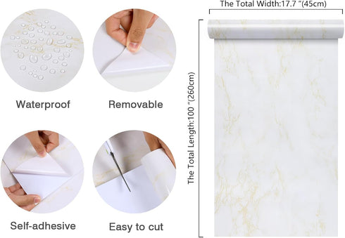 Marble Contact Paper for Countertops Gold White Peel and Stick Countertops Decorative Waterproof Contact Paper for Walls Cabinets Glossy Marble Wa...