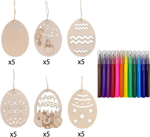 Anditoy 30 PCS Easter Wooden Hanging Ornaments Unfinished Wood Slices Eggs Easter Crafts for Kids DIY Easter Decorations Party Supplies Decor...