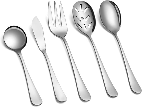 5-Piece 18/0 Stainless Steel Serving Set,Large Hostess Set with Round Edge,Mirror Finished,Dishwasher Safe -Spoons, Forks,Butter Knife& Slotted Sp...