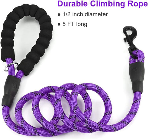 2 Pack Dog Leash 5 FT Heavy Duty Nylon Rope Dog Leash with Comfortable Padded Handle Sturdy Reflective Threads Strong Dog Leash for Medium Large D...
